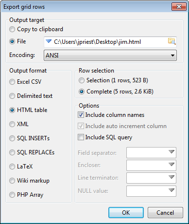 HeidiSQL Export Options